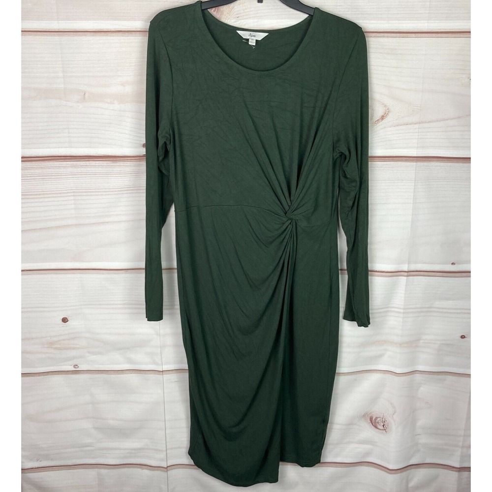 Ripe Dress Womens Maternity M Ruched Jersey Bodycon Green Long Sleeve Solid Knit
